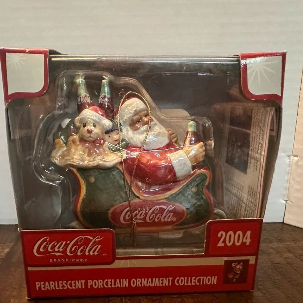 Coca-Cola 2004 Pearlescent Porcelain "Santa in Sleigh" Christmas Ornament